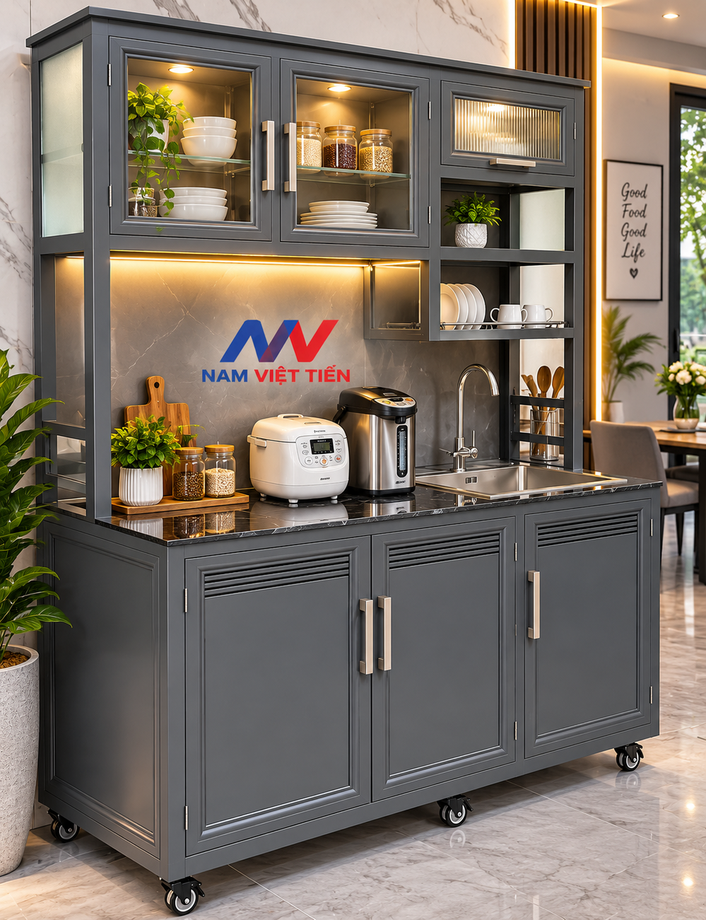 Tủ bếp nhôm kính xám tích hợp chậu rửa và ngăn kéo
