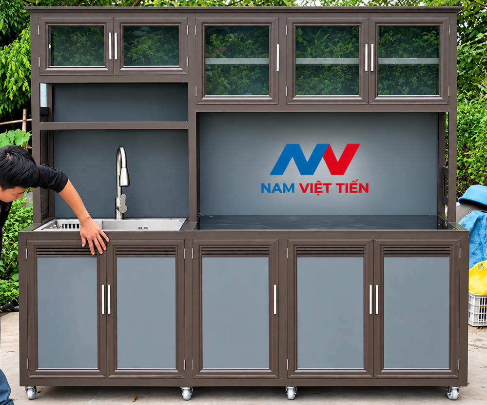 Tủ bếp nhôm kính di động màu nâu có chậu rửa