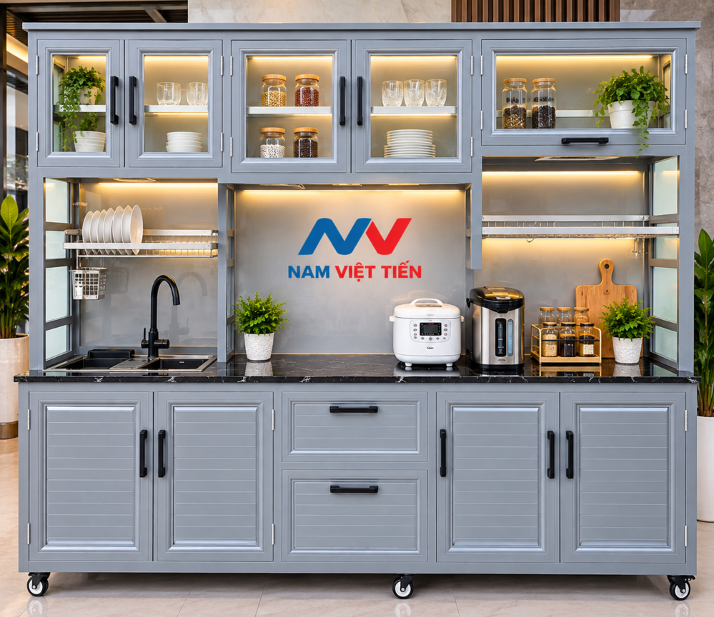 Tủ bếp nhôm kính di động đa năng có vòi rửa