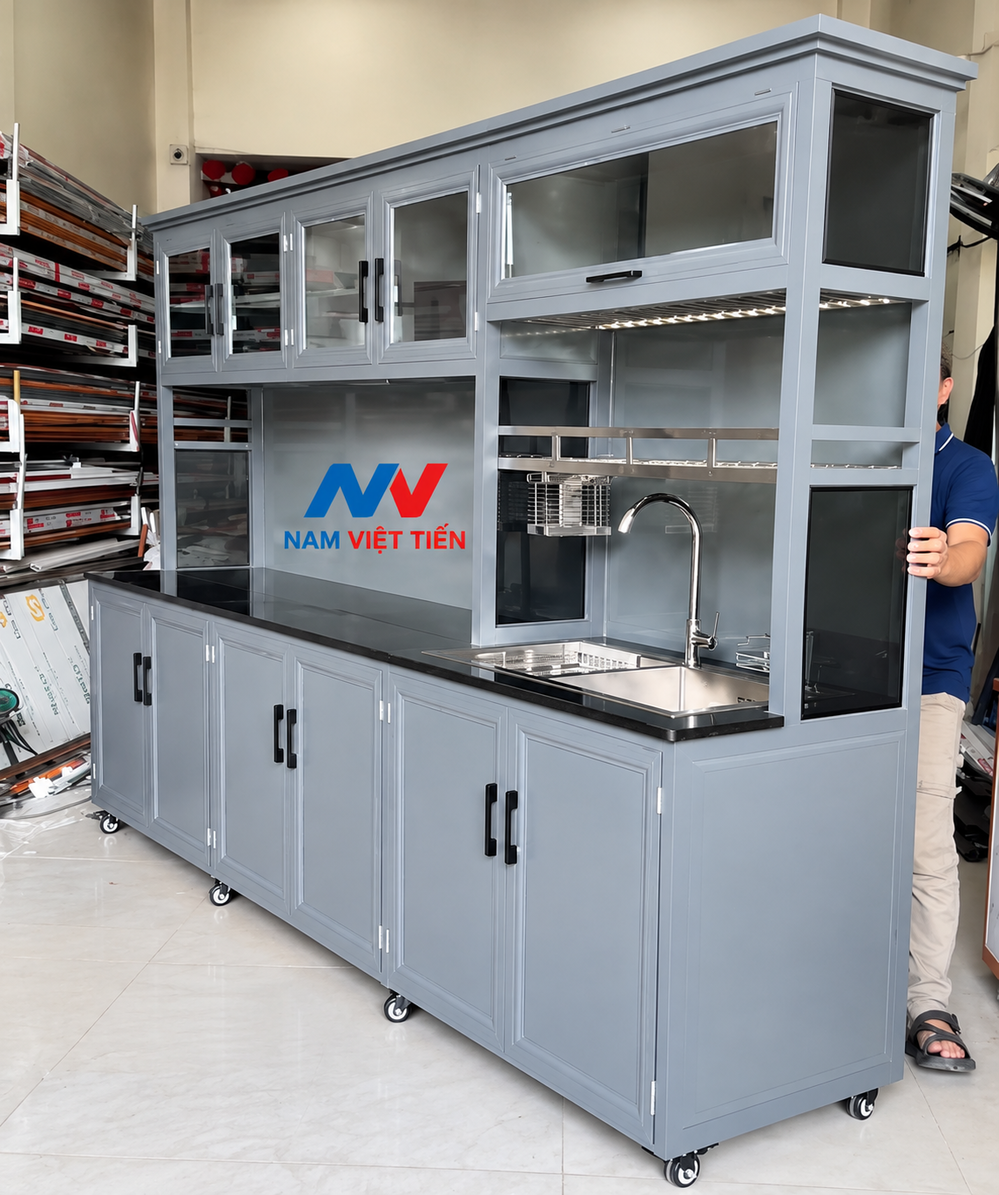 Tủ bếp nhôm kính di động màu xám có chậu rửa