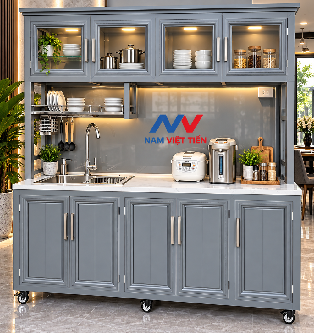 Tủ bếp nhôm kính di động có vòi rửa và bếp điện