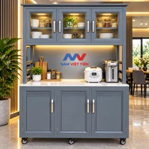 Tủ bếp nhôm kính di động có nồi cơm điện và bình thủy