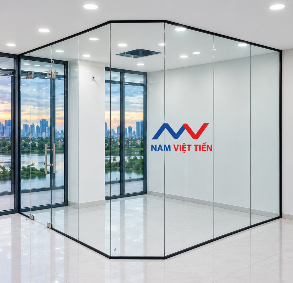 Vách ngăn kính khung đen phòng họp Vách ngăn kính phòng họp view thành phố